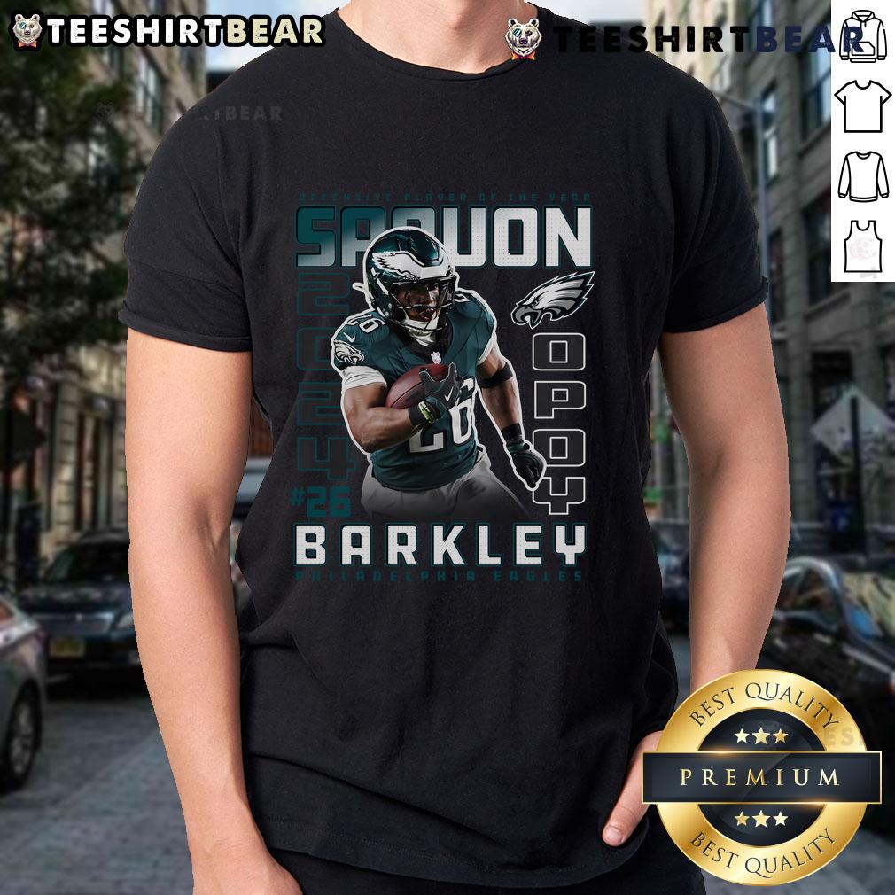 Official Saquon Barkley Black Philadelphia Eagles 2024 Offensive Player Of The Year T-Shirt, showcasing team pride and style.