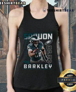 Saquon Barkley black tank top celebrating his 2024 Offensive Player of the Year award with Philadelphia Eagles logo.