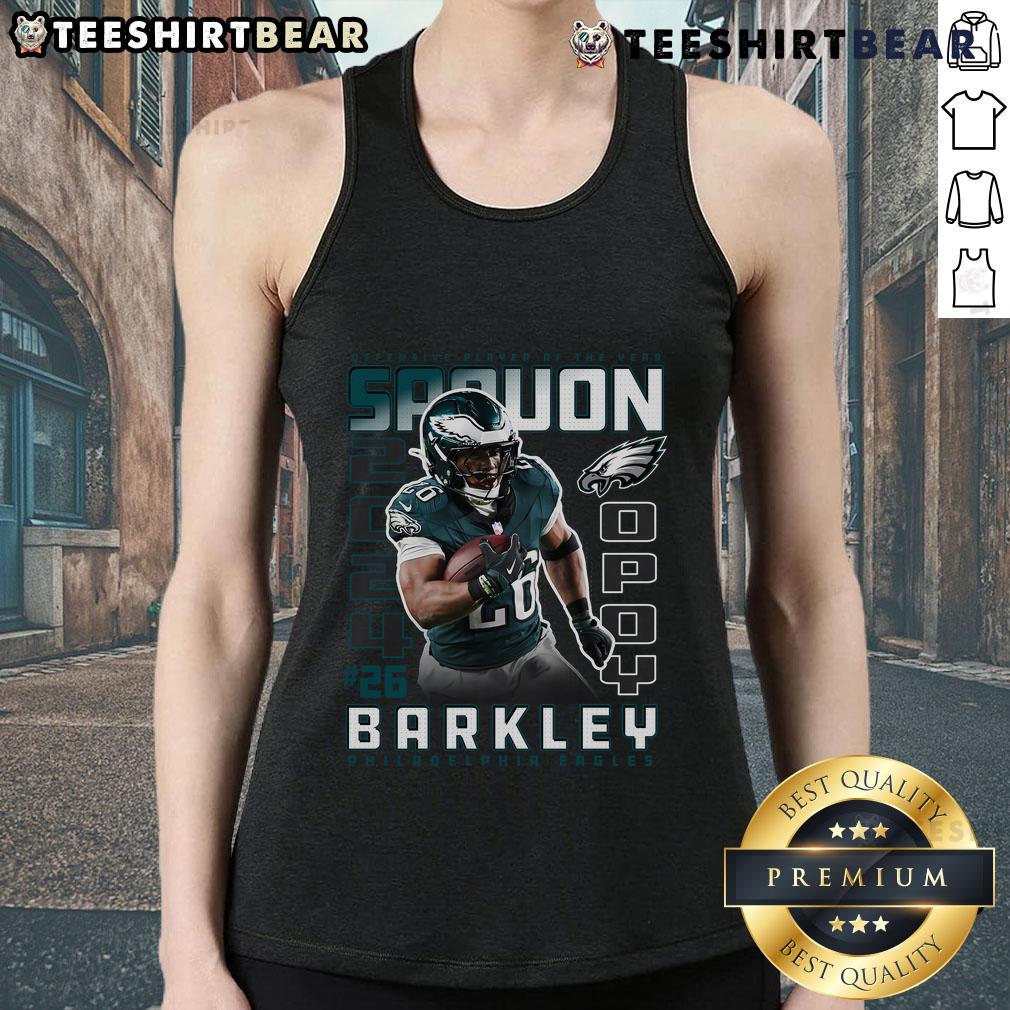 Saquon Barkley black tank top celebrating his 2024 Offensive Player of the Year award with Philadelphia Eagles logo.