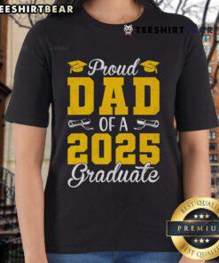 Proud dad of a 2025 graduate wearing Official Senior 2025 raglan baseball ladies tee, celebrating graduation.