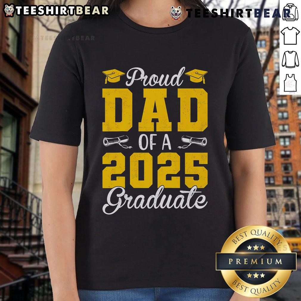 Proud dad of a 2025 graduate wearing Official Senior 2025 raglan baseball ladies tee, celebrating graduation.
