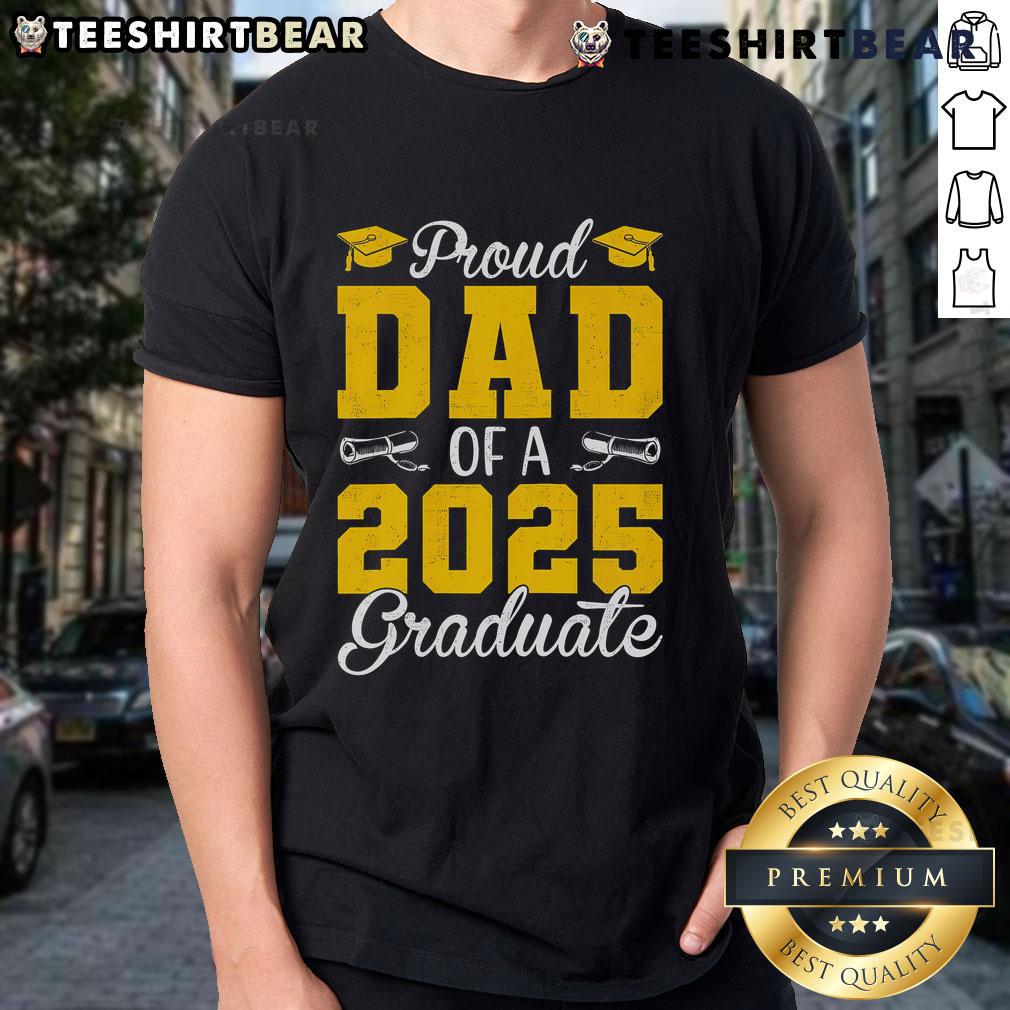 Alt Text: Proud Dad Of A 2025 Graduate Raglan Baseball T-Shirt in navy and white, celebrating the Class of 2025 graduation.