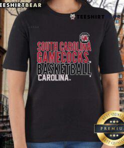 Alt Text: Official South Carolina Gamecocks basketball ladies tee featuring Carolina text logo overlay design.