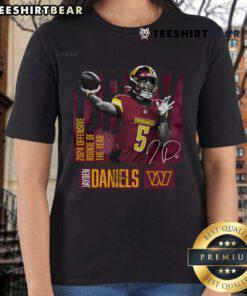 Official Washington Commanders Jayden Daniels Black 2024 NFL Offensive Rookie of the Year Ladies Tee for fans.