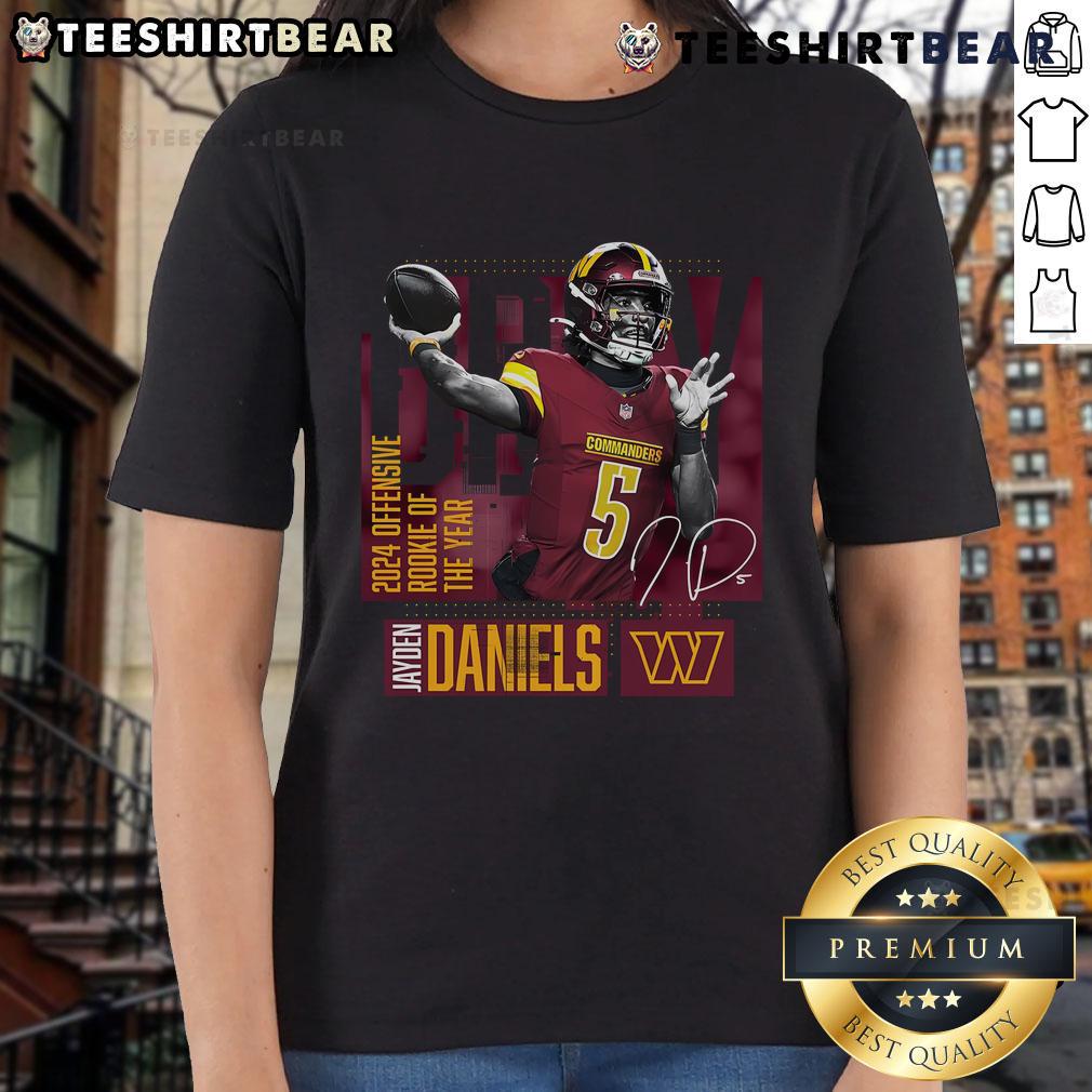 Official Washington Commanders Jayden Daniels Black 2024 NFL Offensive Rookie of the Year Ladies Tee for fans.