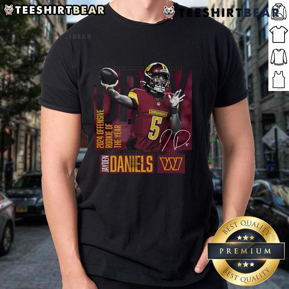 Official Washington Commanders Jayden Daniels Black 2024 NFL Offensive Rookie of the Year T-Shirt showcasing team pride.