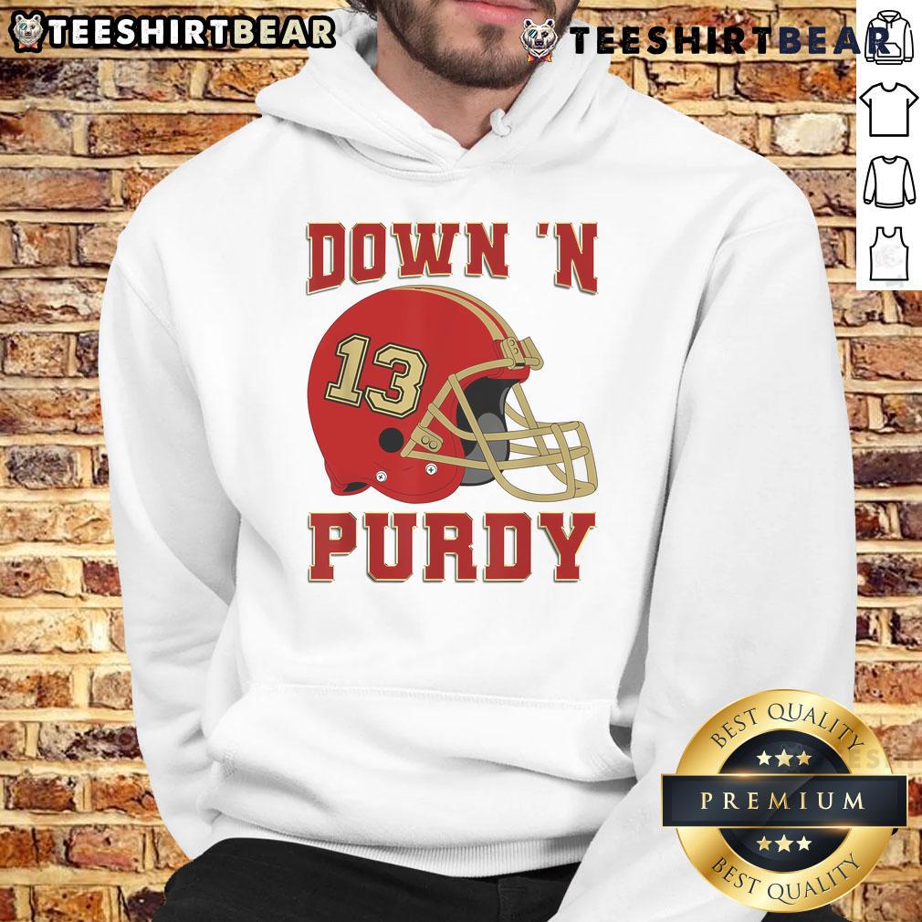 Premium Down N Purdy 13 hoodie featuring an American quarterback design, perfect for fans of Purdy and stylish sportswear.