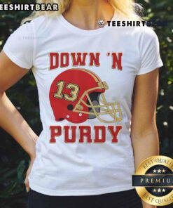 Premium Down N Purdy 13 Purdy American Quarterback Ladies Tee featuring vibrant design and comfortable fit for fans.