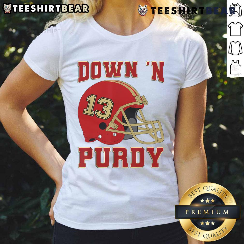 Premium Down N Purdy 13 Purdy American Quarterback Ladies Tee featuring vibrant design and comfortable fit for fans.