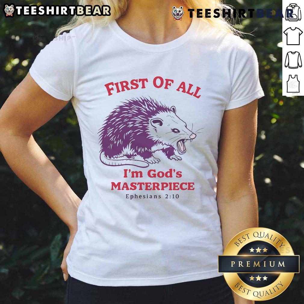 Alt Text: Premium 'I'm God's Masterpiece' mouse ladies tee, stylish and comfortable, perfect for casual wear and expressing faith.