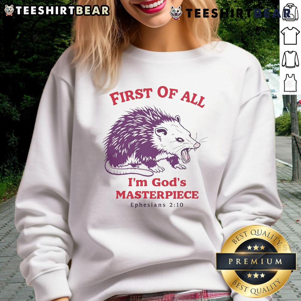 Premium 'First of All, I'm God's Masterpiece' mouse sweatshirt in soft fabric, perfect for casual wear and inspirational style.