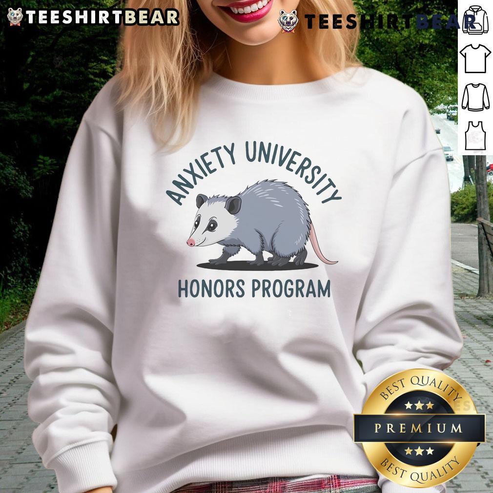 Cozy mouse sweatshirt featuring 'Top Anxiety University Honors Program' design, perfect for students and relaxation.