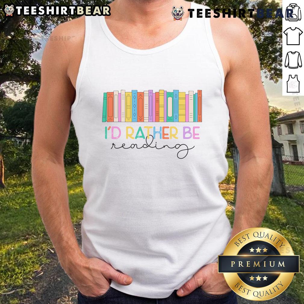 Colorful rainbow tank top with 'I'd Rather Be Reading' text, perfect for book lovers and casual wear.
