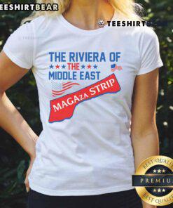 Top Gaza Strip graphic featuring Trump, American flag, and map design on a ladies' tee, perfect for patriotic fashion.