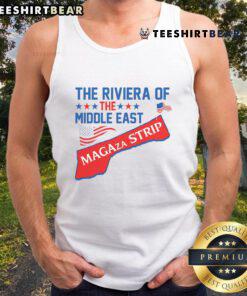 Trump Gaza Strip tank top featuring American flag and map design, perfect for patriotic apparel enthusiasts.