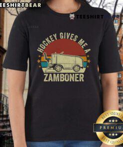 Retro ladies tee featuring 'Top Hockey Gives Me A Zamboner' graphic, perfect for hockey fans and casual wear.