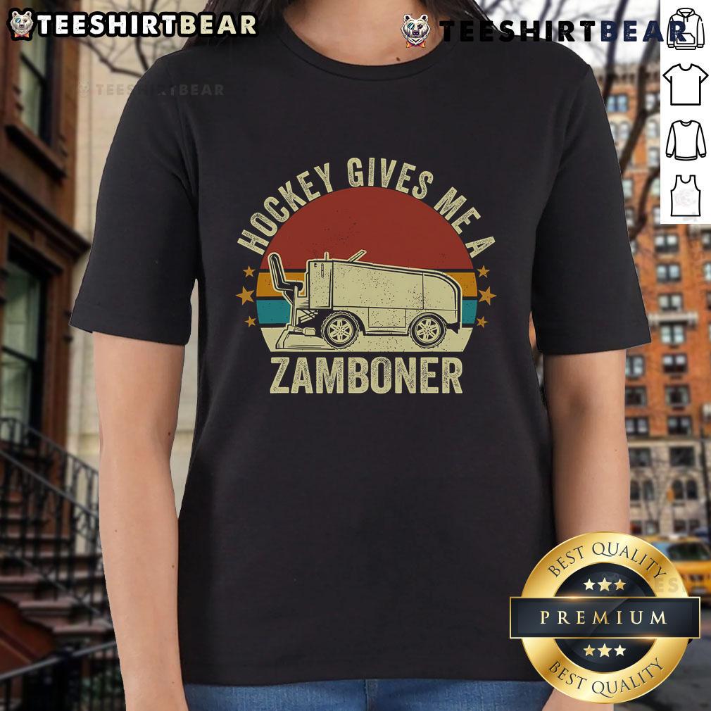 Retro ladies tee featuring 'Top Hockey Gives Me A Zamboner' graphic, perfect for hockey fans and casual wear.