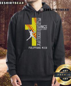 Softball hoodie featuring 'I Can Do All Things Through Christ' design, perfect for Christian athletes and faith-inspired wear.