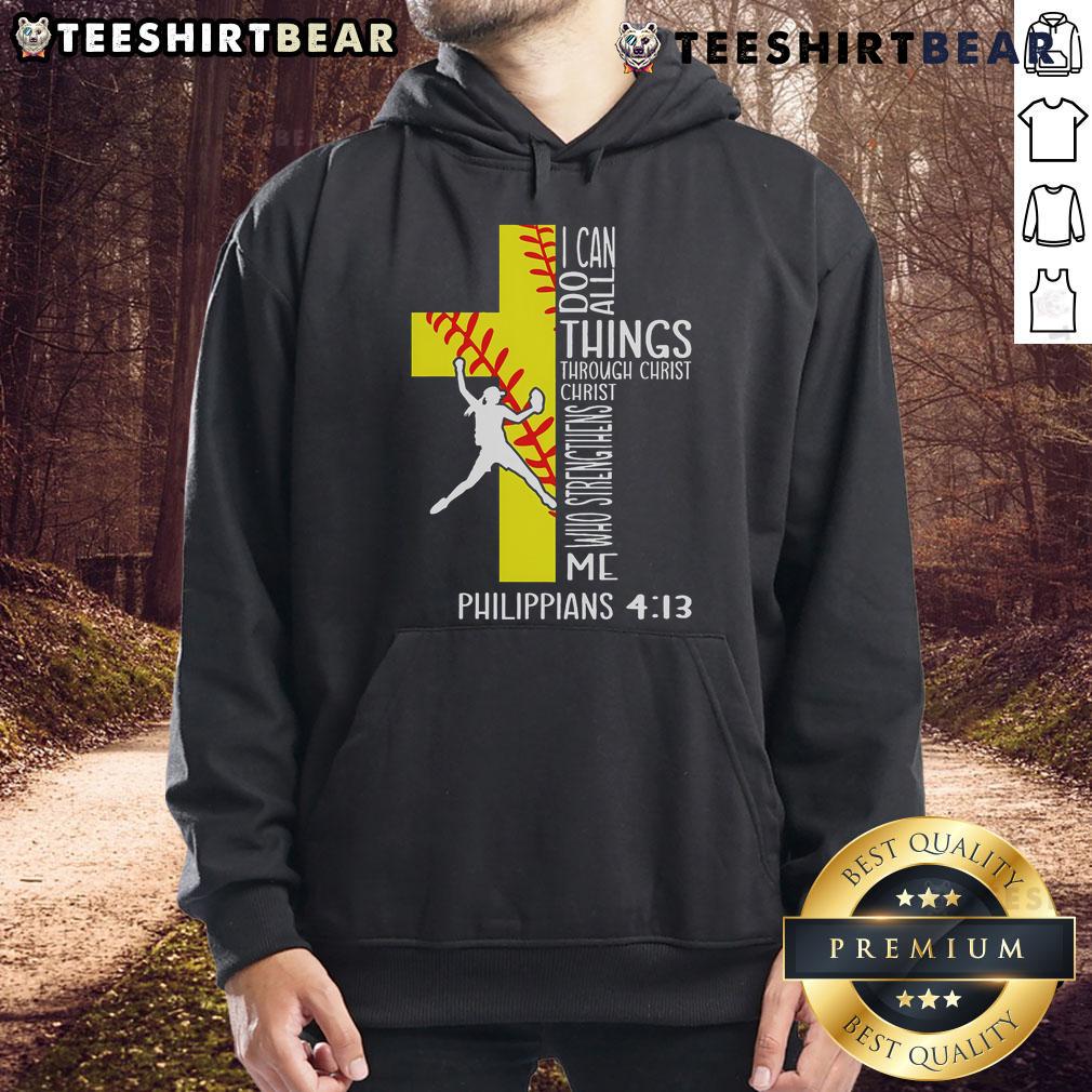 Softball hoodie featuring 'I Can Do All Things Through Christ' design, perfect for Christian athletes and faith-inspired wear.