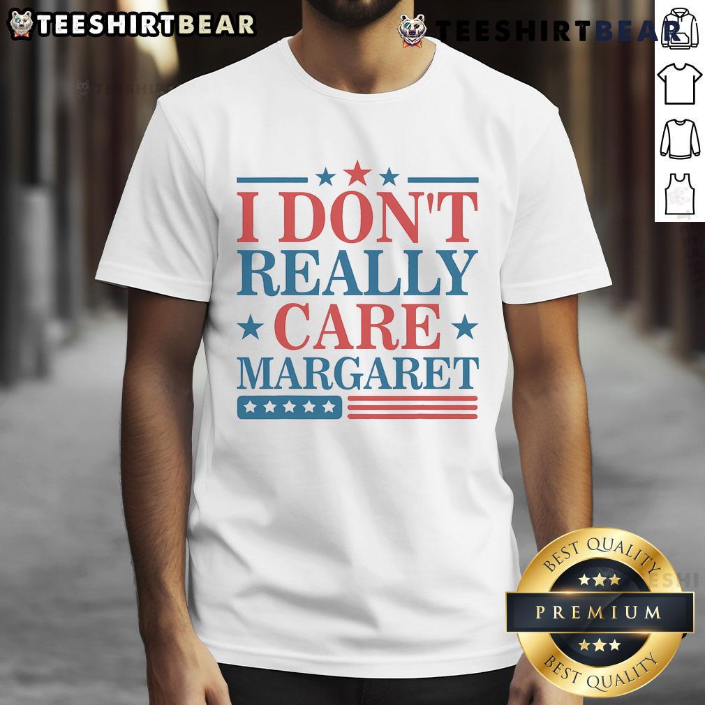 Minimalist US flag T-shirt with 'I Don't Really Care' text by Margaret, perfect for casual wear and patriotic fashion.