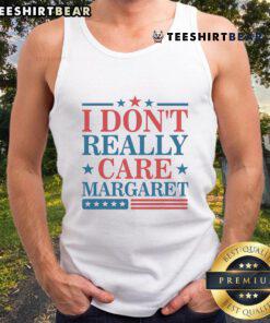 Minimalist US flag tank top with 'I Don't Really Care' text by Margaret, perfect for casual summer wear.