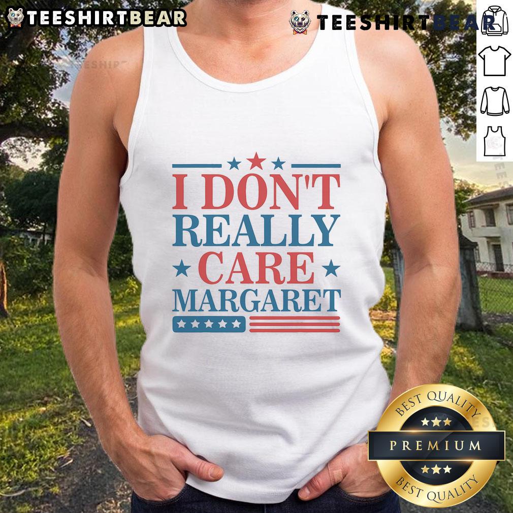 Minimalist US flag tank top with 'I Don't Really Care' text by Margaret, perfect for casual summer wear.