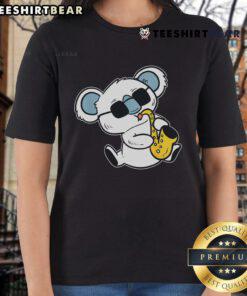 Adorable koala playing saxophone as a band member on a stylish ladies' tee design.