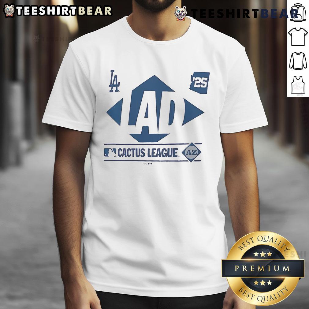 Top Los Angeles Dodgers 2025 Spring Training Cactus League True Icon MLB T-Shirt in blue, featuring team logo and design.