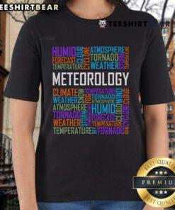 Stylish ladies' tee featuring top meteorology words for weather forecast enthusiasts and meteorologists.