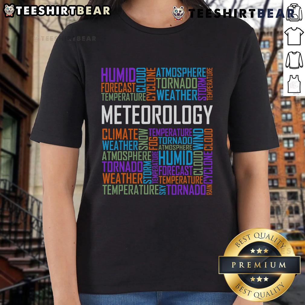 Stylish ladies' tee featuring top meteorology words for weather forecast enthusiasts and meteorologists.