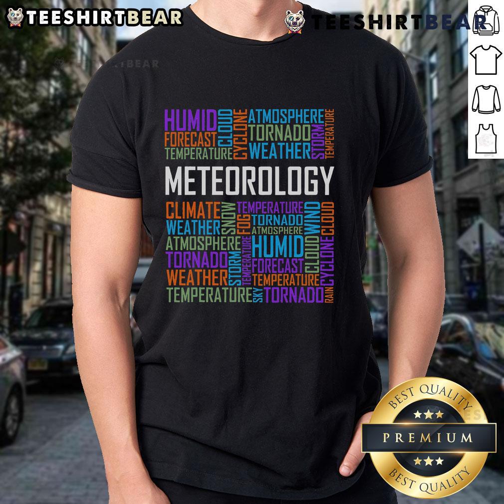 Top Meteorology Words Weather Forecast Meteorologist T-Shirt featuring weather icons and bold text design.
