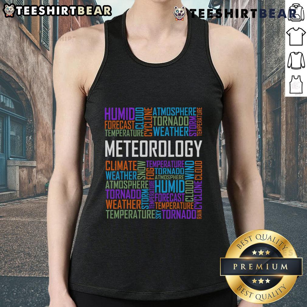 Alt Text: Trendy tank top featuring top meteorology words for weather forecast enthusiasts and meteorologists.