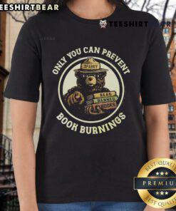 Top featuring Sparky Bear with 'Only You Can Prevent Book Burnings' slogan, promoting banned books awareness.