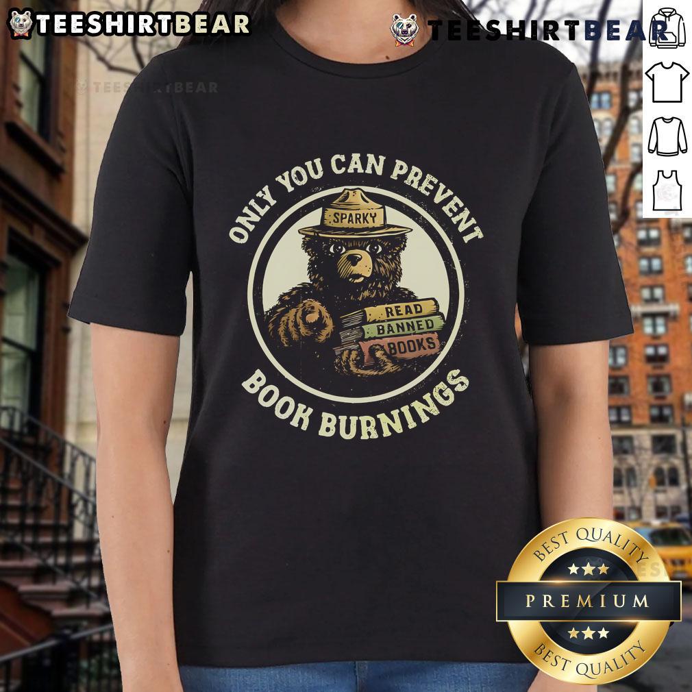 Top featuring Sparky Bear with 'Only You Can Prevent Book Burnings' slogan, promoting banned books awareness.