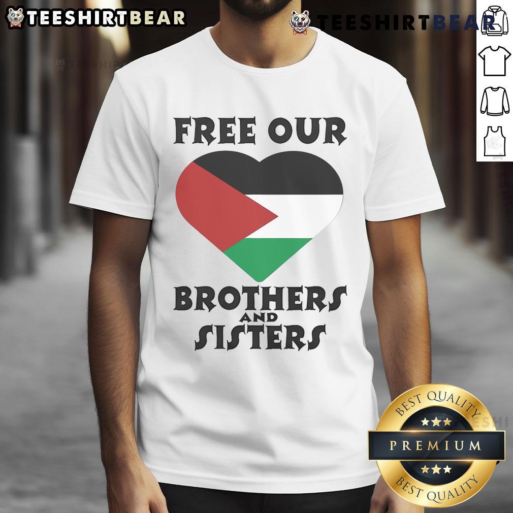 Top Palestine Heart Free Our Brothers And Sisters T-Shirt featuring a heart graphic and bold text promoting solidarity.