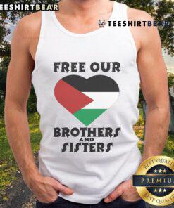 Top Palestine Heart Free Our Brothers and Sisters Tank Top featuring bold text and a heart design in vibrant colors.