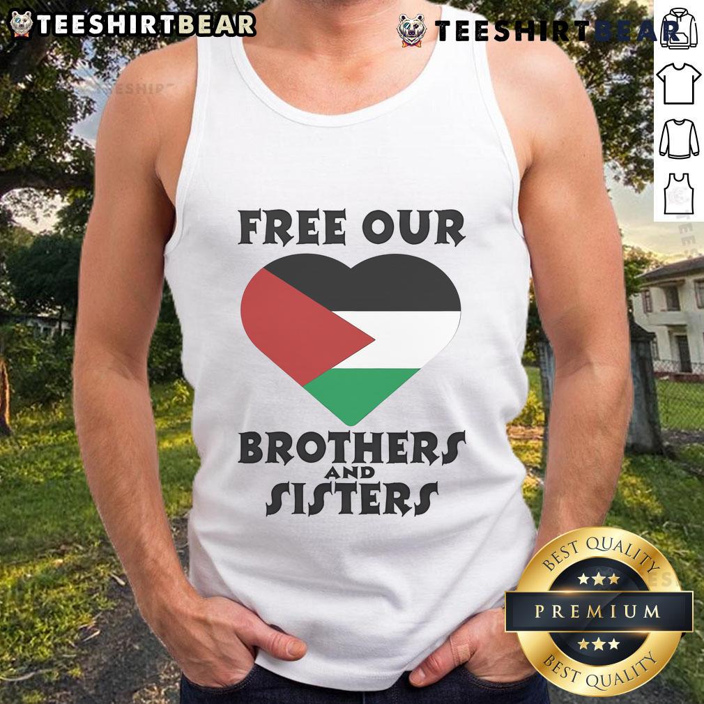 Top Palestine Heart Free Our Brothers and Sisters Tank Top featuring bold text and a heart design in vibrant colors.