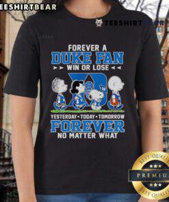 Top Peanuts characters on a women's tee with 'Forever a Duke Fan' slogan, celebrating loyalty in sports.