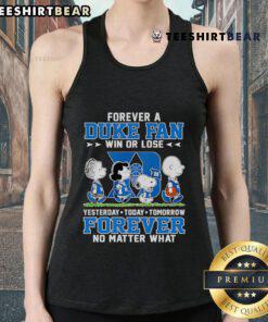 Top Peanuts characters tank top featuring 'Forever a Duke Fan' slogan, perfect for loyal fans win or lose.