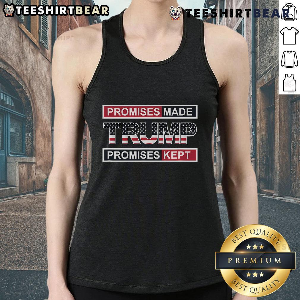 Pro-Trump tank top featuring 'Top Promises Made, Promises Kept' slogan, perfect for showing support at rallies.