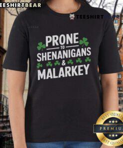 Top Prone to Shenanigans Malarkey St. Patrick's Day Ladies Tee featuring green design and festive graphics.