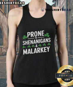 Top Prone to Shenanigans Malarkey St. Patrick's Day Tank Top featuring vibrant green design and festive graphics.