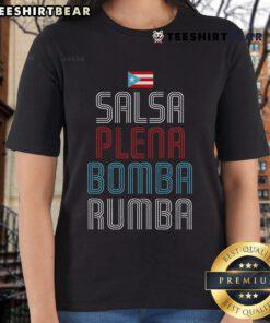 Women wearing Top Puerto Rico Flag music tee featuring salsa, plena, bomba, and rumba designs, celebrating Puerto Rican culture.