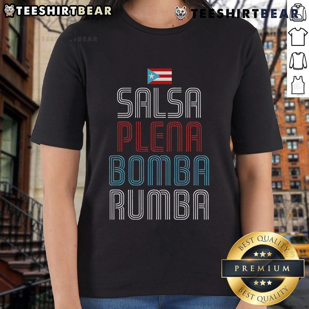 Women wearing Top Puerto Rico Flag music tee featuring salsa, plena, bomba, and rumba designs, celebrating Puerto Rican culture.