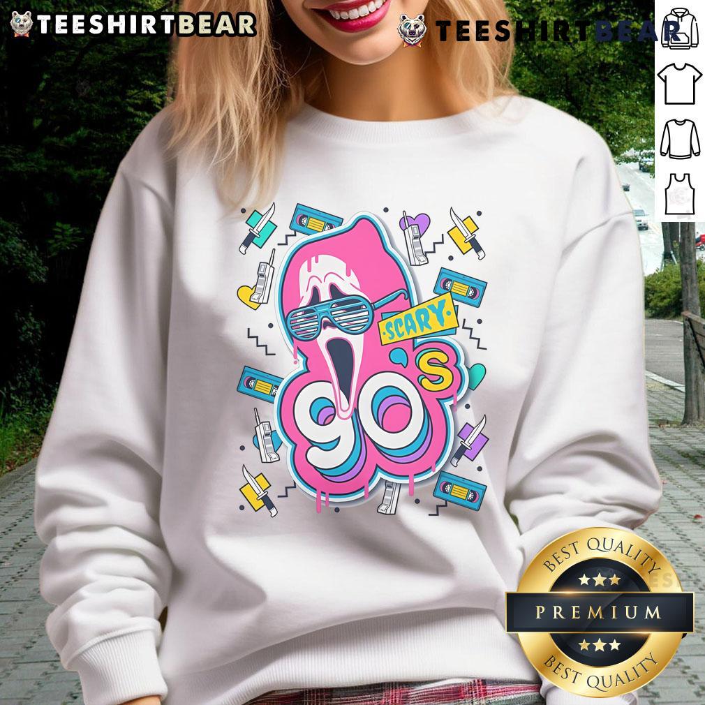 Top Scary 90s Ghost Face Sweatshirt featuring iconic horror design, perfect for Halloween or retro style enthusiasts.