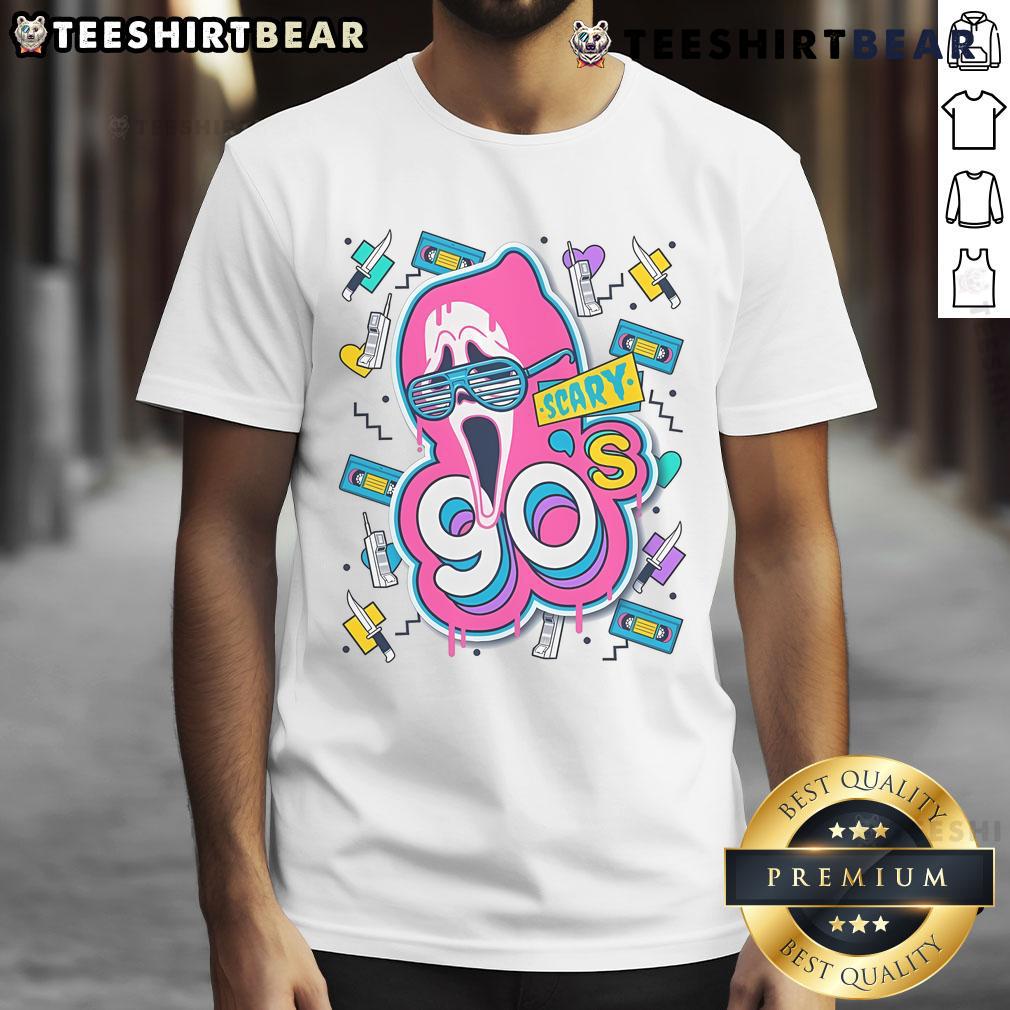 Top Scary 90s Ghost Face T-Shirt featuring iconic horror design, perfect for Halloween and retro style fans.