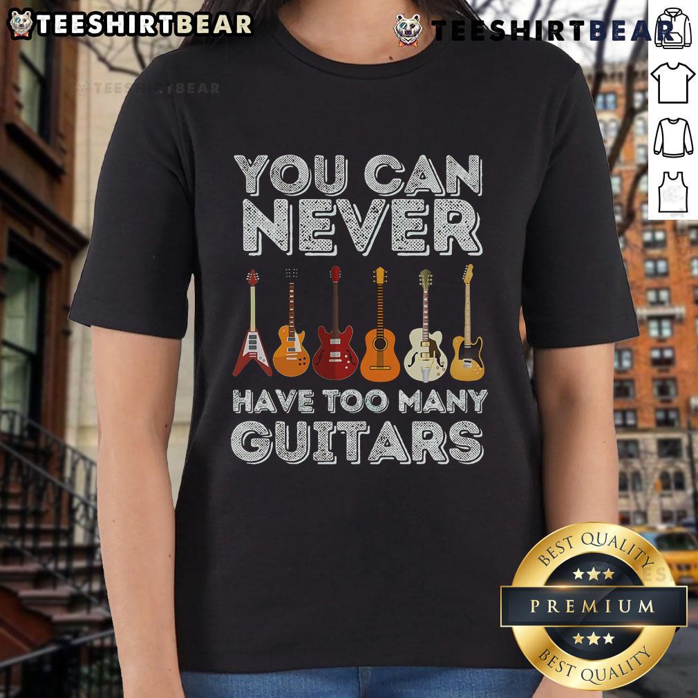 Top 'You Can Never Have Too Many Guitars' Ladies Tee in vibrant colors, perfect for guitar lovers and music enthusiasts.