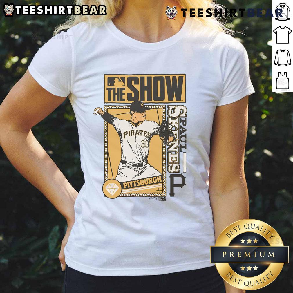 Awesome MLB The Show Pirates Paul Skenes ladies tee featuring vibrant graphics for passionate baseball fans.