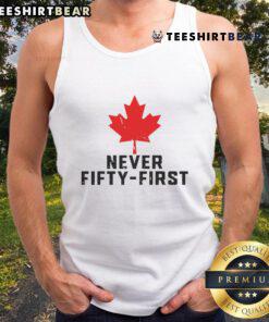 Alt Text: Stylish tank top featuring the Awesome Never 51st State Canada flag design, perfect for casual summer wear.