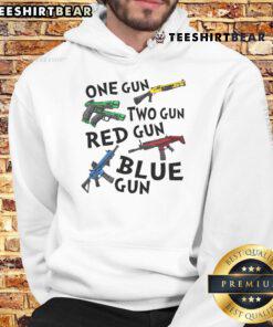 Awesome One Gun Two Gun Hoodie featuring vibrant red and blue gun graphics on a stylish hoodie design.